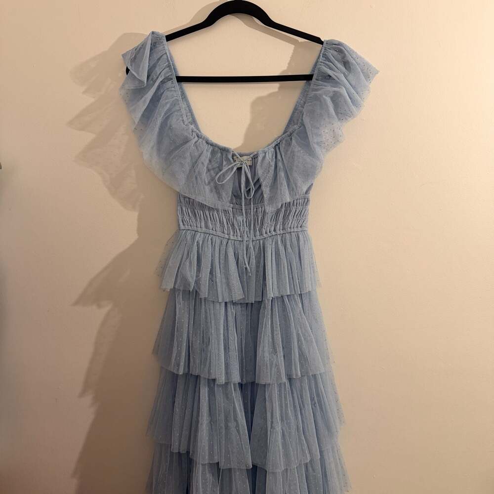 Petal & Pup Belle Blue Swiss Dot Tulle Tiered Maxi Dress Size Small